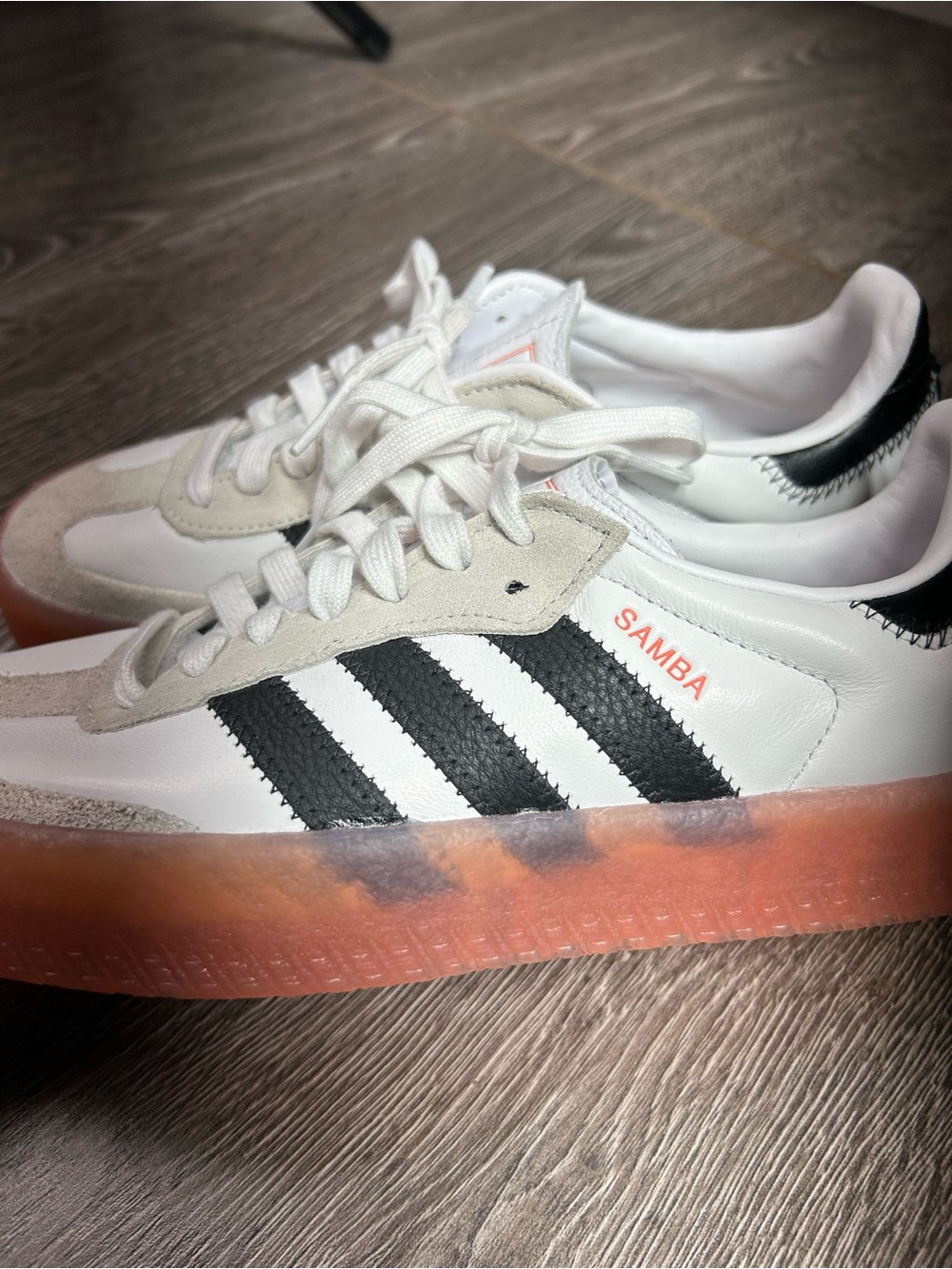 Adidas Samba White Leather Sneakers with Black Stripes & Orange Gum Sole - Picture 7 of 9